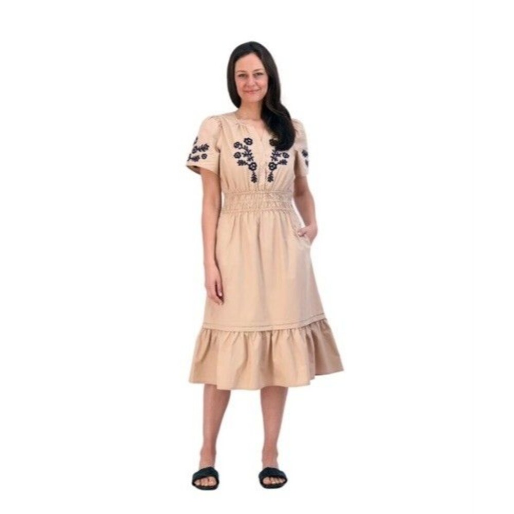 French Connection Women Embroidered  MIDI Tier Dress Khaki Resort Wear Sz Large